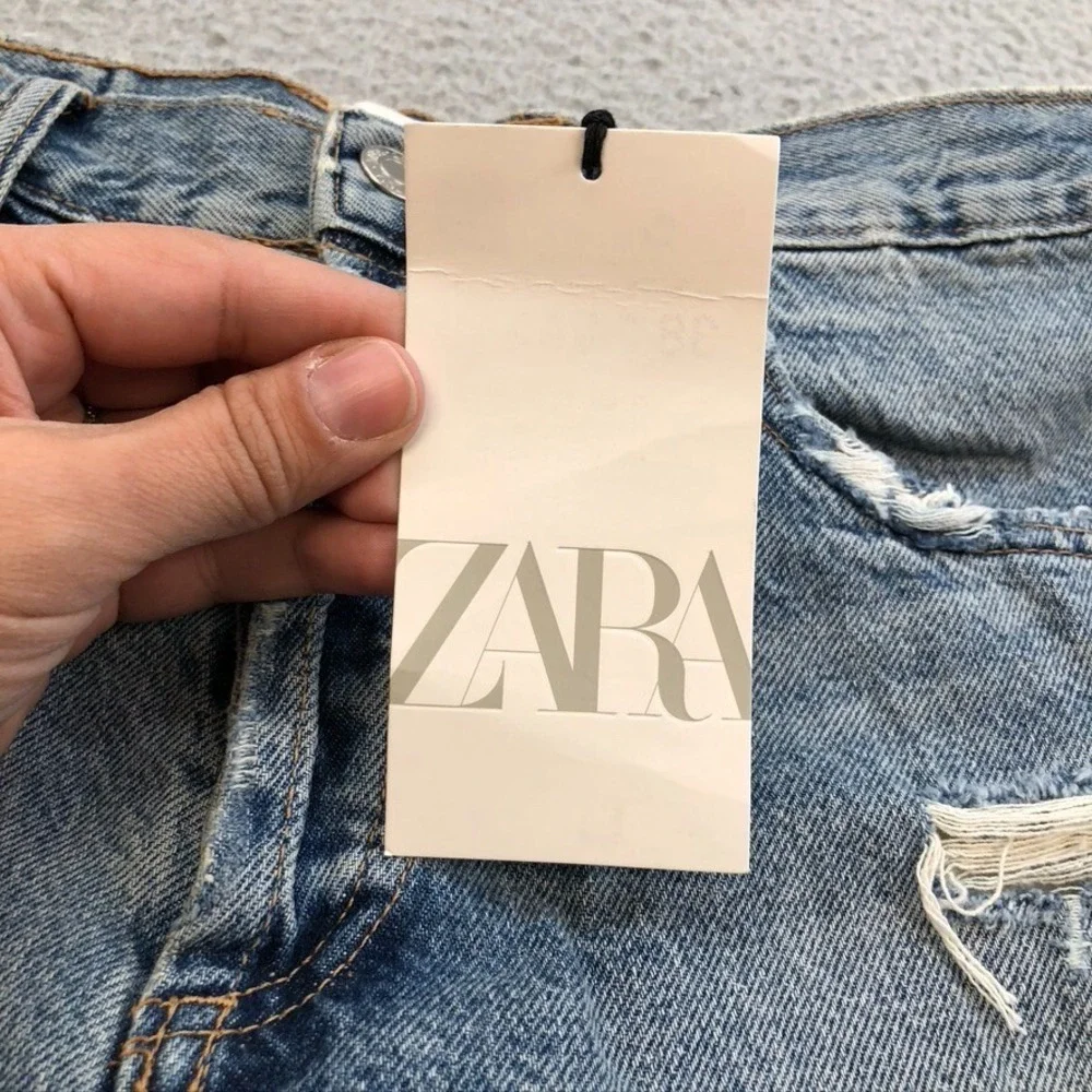 Zara Distressed Cut Off Jean Shorts Womens 38 6 Blue Denim Festival Ripped Beach